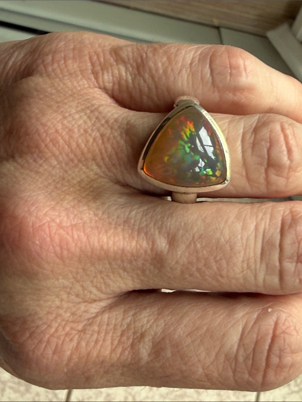 Sterling Silver Triangle Opal Statement Ring - Iridescent Fire - Picture 9 of 12